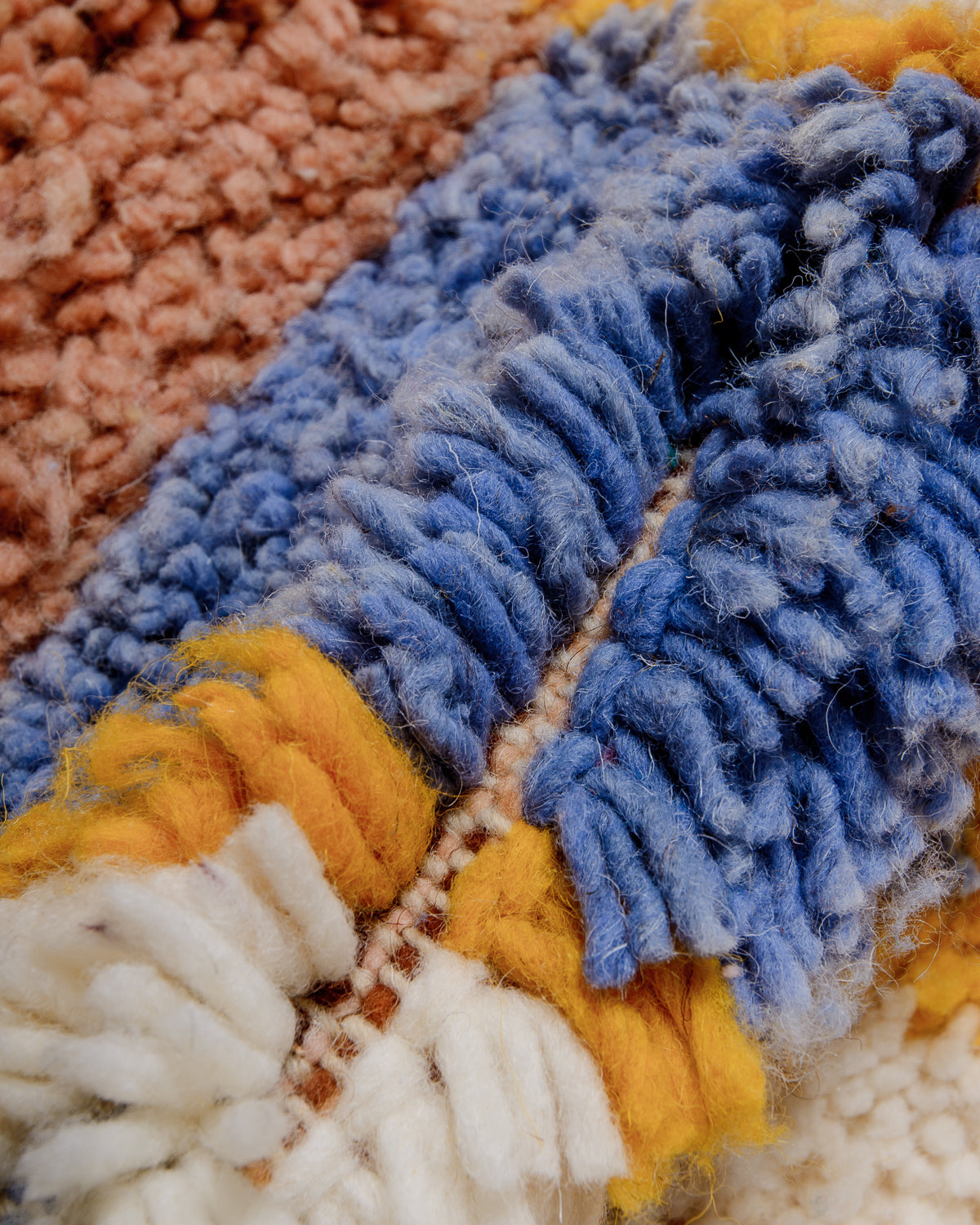 Modern, designer, handcrafted Berber rug from Morocco. Beniourain carpet with beautiful colours and patterns and fluffy wool texture.